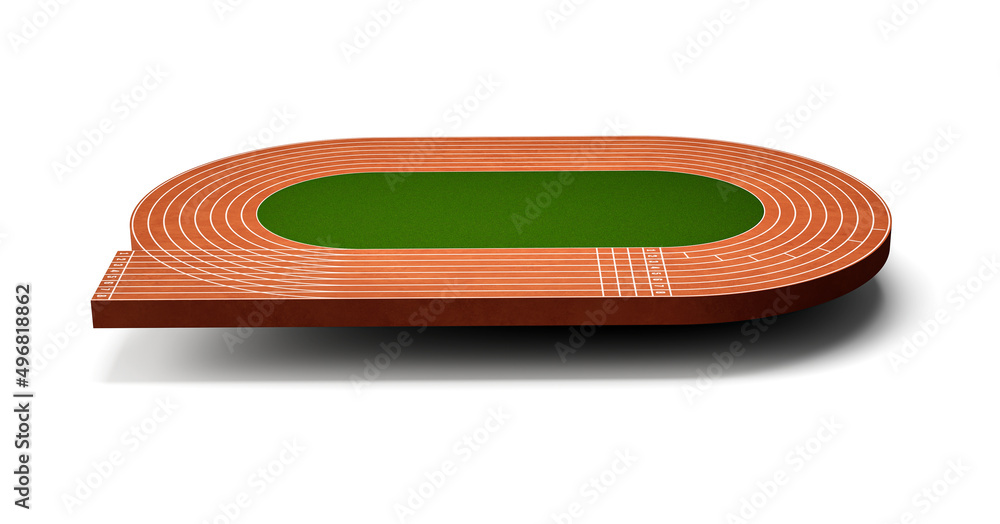 Poster 3d rendered running track with lanes and numbers on a stadium on a white background