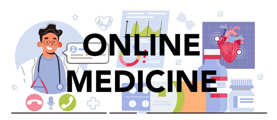 Online medicine typographic header. IT medical services and bioinformatics