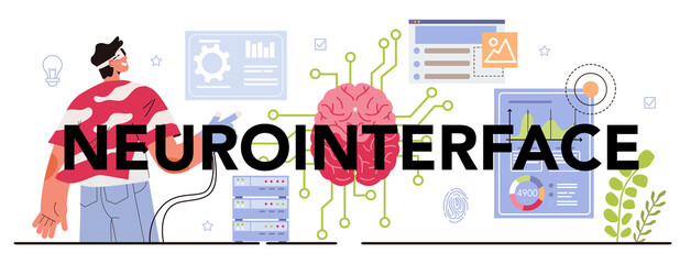 Neurointerface typographic header. Interactive communication, artificial intel