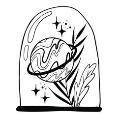 Vector line drawing. Mushrooms under a glass cap.