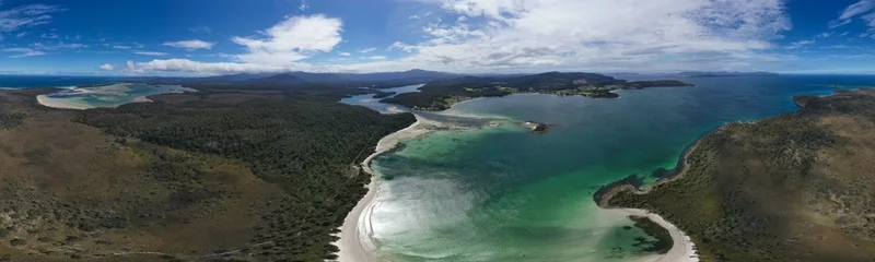Fototapete Cradle Mountain tasmanian coastal landscape in australia. aerial photos of rocky ocean views in southern tasmania. showing towns and farms.