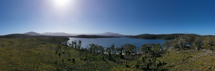 tasmanian coastal landscape in australia. aerial photos of rocky ocean views in southern tasmania. showing towns and farms.