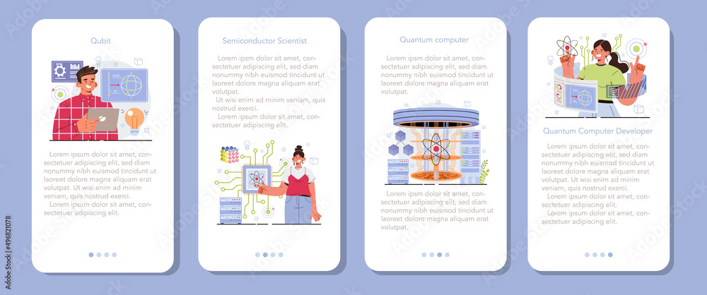Poster quantum computer developing mobile application banner set