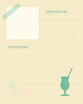 Recipe Template Blank Vintage Collage With Pineapple And Cocktail For Notes. Vector Illustration