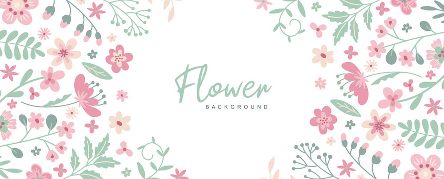 Floral background. Cute frame with hand drawn blooming flowers and leaves. Vector illustration on white backgroundd