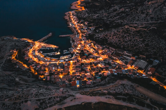 Aerial View of the Parc National des Calanques in Marseille at night, France.