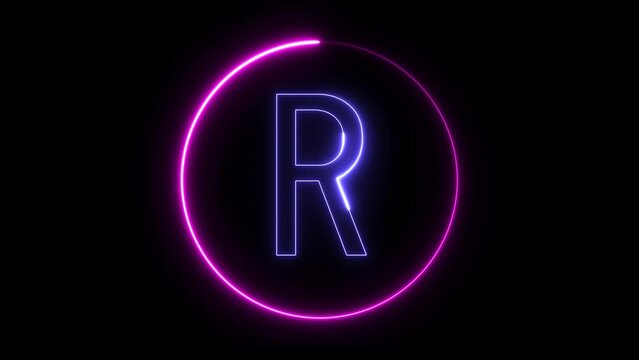 Moving blue neon text and circle animation loop on black background Alphabet R