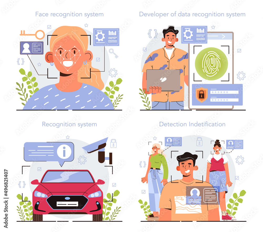 Aufkleber face recognition system development set. facial biometric authentication