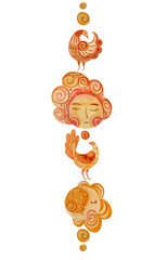Vertical composition of the sun, moon and folklore birds.