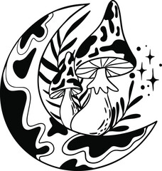 abstract mystical image of wild poisonous witch mushrooms. cosmic moon phases and rituals