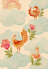 Watercolor composition of birds and flowers in folklore style.