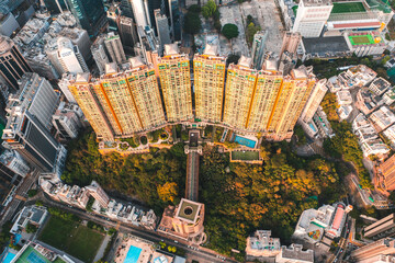 Hong Kong - 13 March 2022: Aerial View of a residential building at Sunset in Hong Kong Island.