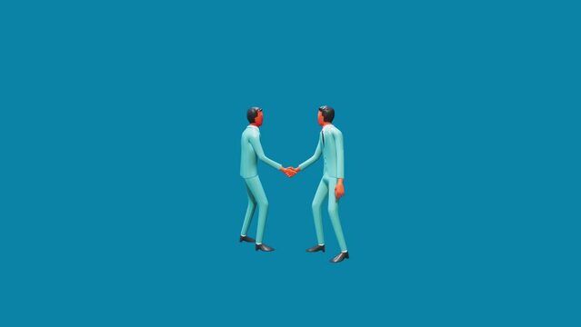 Handshake, business partnership, cartoon characters, 360 - degree rotation, 3d rendered video 