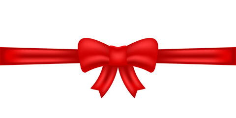 Realistic Red Satin Ribbon and Bow on White Background. Red Bow Template for Greeting Card or Brochure. Satin Tape Knot, Strip for Gift Package on Christmas. Vector Illustration
