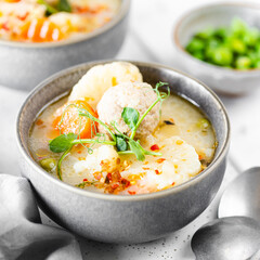 Step 6. Recipe for soup with meatballs, cauliflower, baby peas, carrots and cream on a white background. Square.