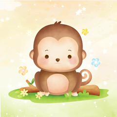 Monkey sitting in the forest_Watercolor