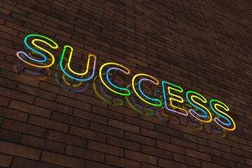 Success Neon Sign. Brick Wall Lit by Neon Lamps. Night Lighting on the Wall. 3d Rendering