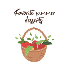 Fototapeta premium Postcard favorite summer desserts. Basket with fruit, apples. White background