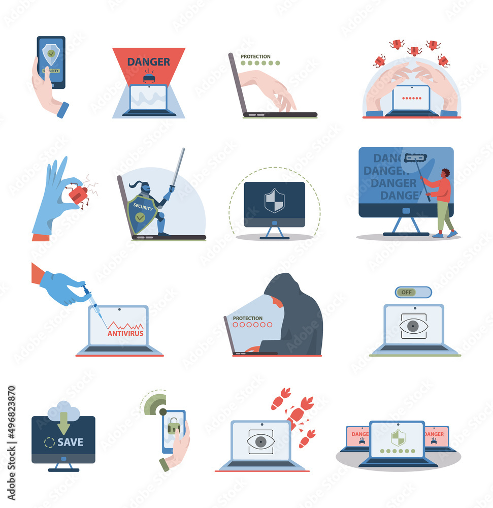 Poster cyber or web security set. digital data protection and database safety