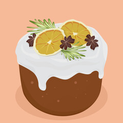 Rich sweet Easter bun with sweet white icing and delicious decoration on top, orange slices and herbs, a couple of sprigs of rosemary and star anise, Easter illustration