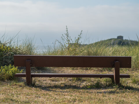 Back shot of a wooden bench on green fleid wit grass and blue sky