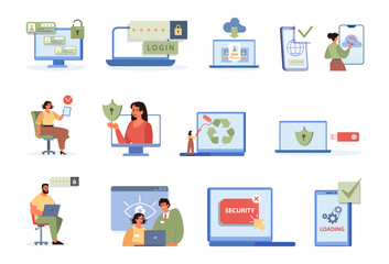 Cyber or web security set. Digital data protection and database safety