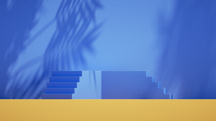 3d render, abstract minimal blue yellow background with shadows on the wall. Minimal showcase...