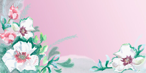 Beautiful floral design of gentle pink, white flower peony on crimson art background. Dendritic peony with green leaves. Organic shapes, Watercolor. Background for banner, poster, Web and packaging.