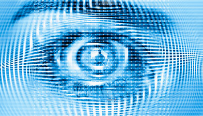 Hypnosis Spiral in eye with vertigo  
 -  Image of abstract spiral green  eye with binary code 