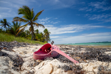 Pink plastic shoe laying on the beach in tropical Punta Cana, Dominican Republic