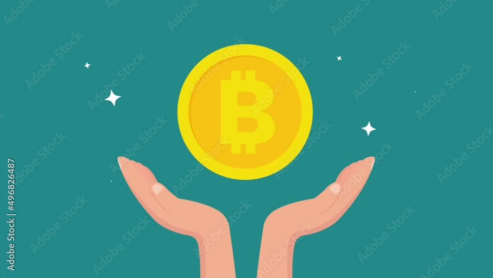 Poster hands holding bitcoin animation.4k motion animation.