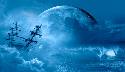 Sailing old ship in storm sea - Night sky with moon in the clouds 