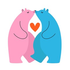 Vector illustration with pink and blue kissing bears. Cute print design with animals. Cute print design with animals