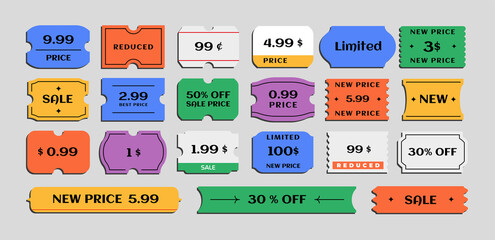 Set of vector tickets and price tags, promotions of various forms, 