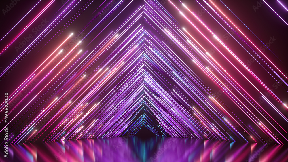 Aufkleber 3d render. abstract violet neon background with bright rays and glowing lines. empty stage for laser