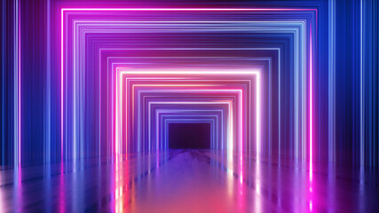 Fototapeta premium 3d render, abstract neon background with colorful lines, square geometric shape