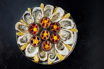 Top view of seafood platter: shellfish, oysters, sea urchin and balsamic sauce