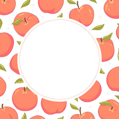 Round cute frame with peaches and leaves. Vector illustration template.