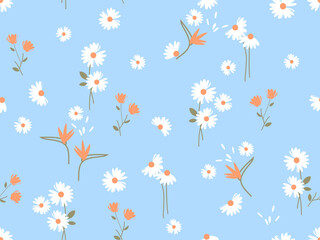 Seamless pattern with daisies, branches and tropical flower on blue background vector.