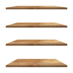 4 old wood shelves table isolated on white background and display montage for product.