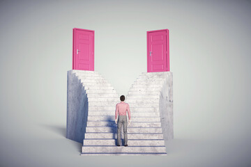 Man between two different paths with doors.