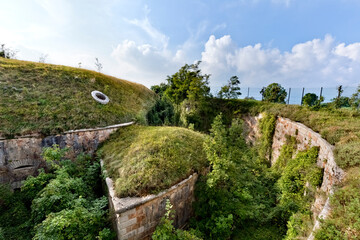 Fototapeta na wymiar The perimeter walls and the deep moat of Fort Masua. Fumane, Lessinia, Verona province, Veneto, Italy, Europe. 