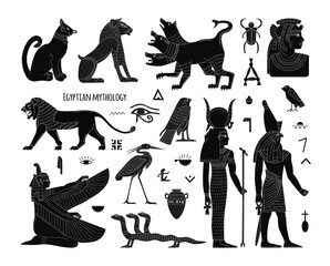 A set of Egyptian mythical animals and creatures, symbols. Black and white flat vector elements. Cerberus, lion, three-headed serpent, ancient gods of Egypt. - obrazy, fototapety, plakaty