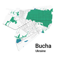 Bucha vector map. Detailed map of Bucha city administrative area. Cityscape panorama illustration. Road map with highways, streets, rivers.