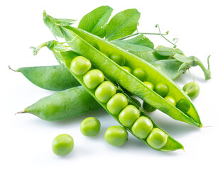 Perfect green peas in pod isolated on white background.