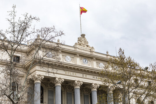 Facade of the Madrid Stock Exchange, Spain. Stock market, trade, investment, broker and tourism concept.