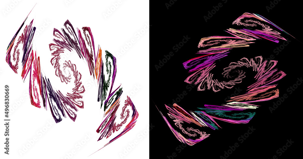 Poster swirls of purple and red spirals on a white and black backgrounds. two abstract fractal backgrounds 