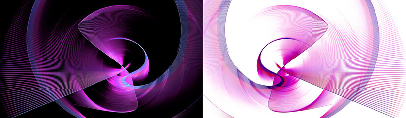 Purple, airy, striped, wavy elements rotate on white and black backgrounds. Two abstract fractal backgrounds in one. 3d rendering. 3d illustration.