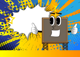 Billboard making thumbs up sign with two hands. Cute cartoon advertisement sign, banner character.