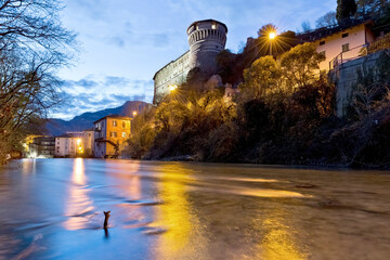 The castle of Rovereto and the Leno stream. Rovereto, Trento province, Trentino Alto-Adige, Italy,...